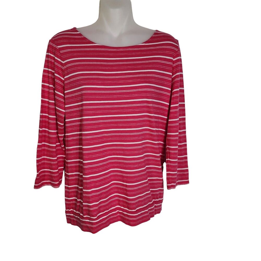 Chico's Womens Top Size 1 Medium 8 Red White Striped Knit 3/4 Sleeve Round Neck